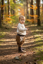 Lade das Bild in den Galerie-Viewer, Hose für Kinder und Babys Cord Hellbraun/Braun mit Rehfamilie Taschen