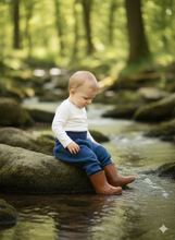 Lade das Bild in den Galerie-Viewer, Fischgräthose Bio Jacquard Sweat Hose Blau Uni Taschen Mitwachshose